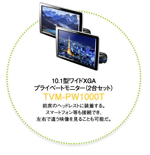 10.1型ワイドXGA プライベートモニター（2台セット） TVM-PW1000T 前席のヘッドレストに装着する。スマートフォン等も接続でき、左右で違う映像を見ることも可能だ。