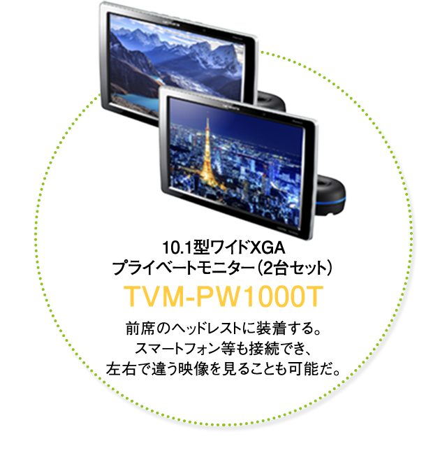 10.1型ワイドXGA プライベートモニター（2台セット） TVM-PW1000T 前席のヘッドレストに装着する。スマートフォン等も接続でき、左右で違う映像を見ることも可能だ。