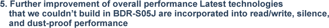 5. Further improvement of overall performance Latest technologies that we couldn’t build in BDR-S05J are incorporated into read/write, silence, and dust-proof performance